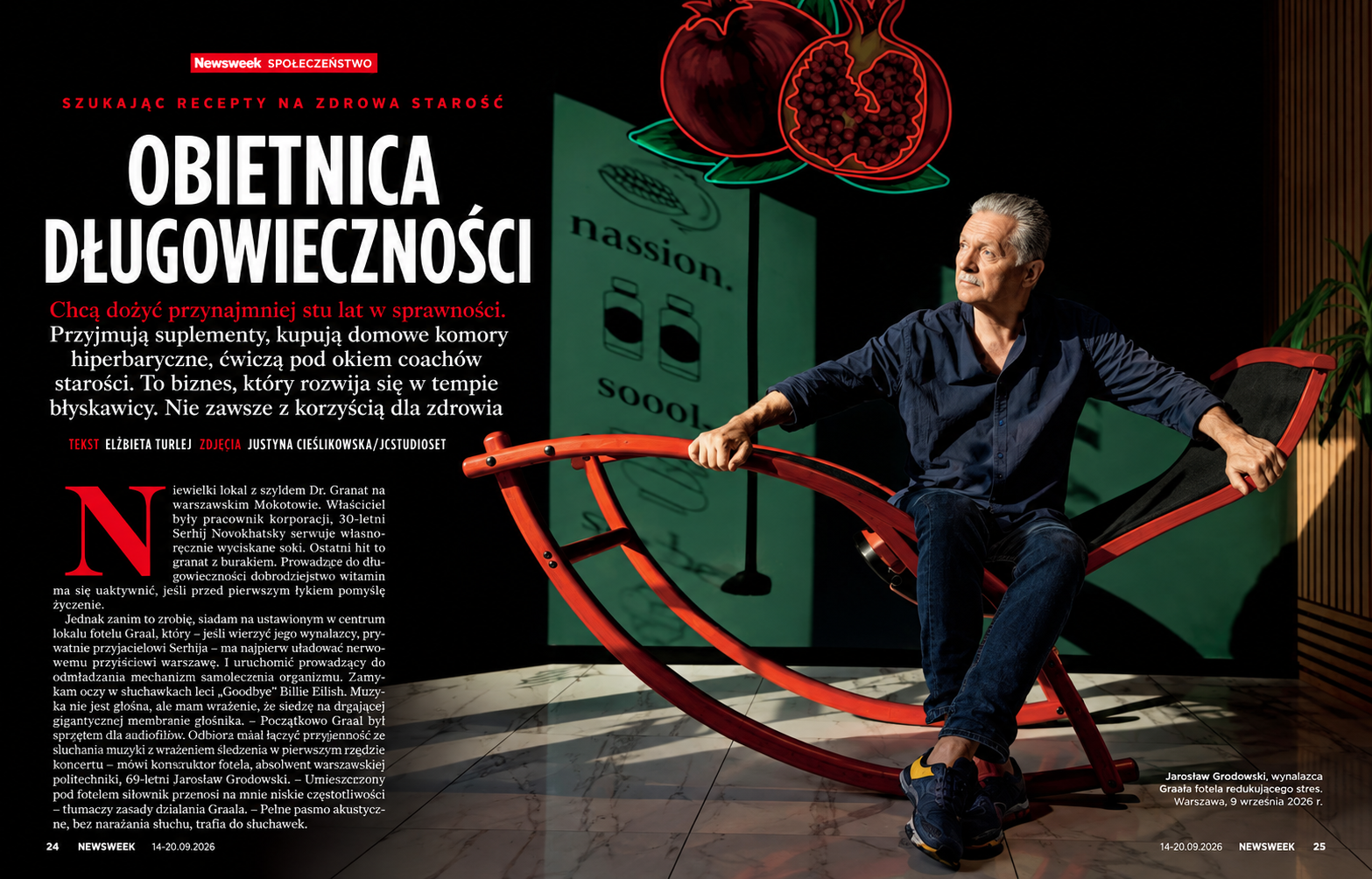 Okładka artykułu „Obietnica długowieczności” w Newsweeku (14–20.09.2026) — Jarosław Grodowski na fotelu Graal